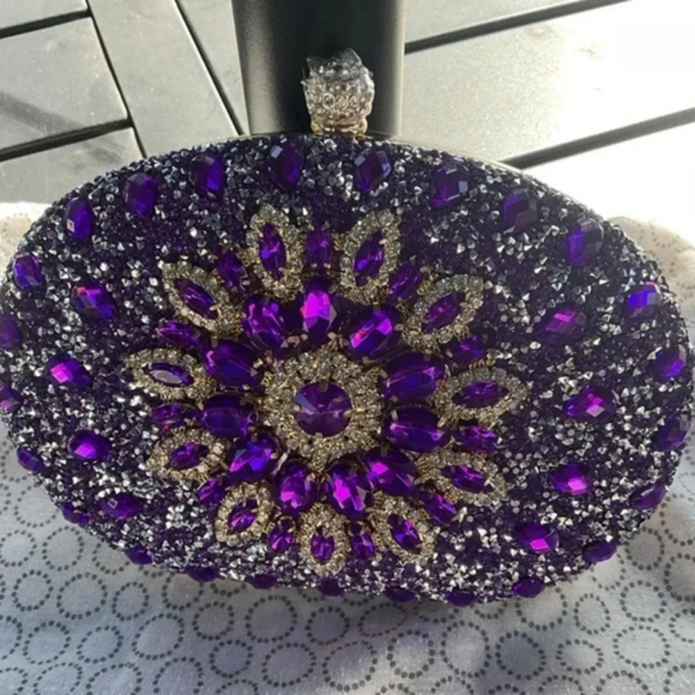 Ramla Dark Purple Rhinestone Encrusted Clutch Shoulder Bag Purse Formal Event